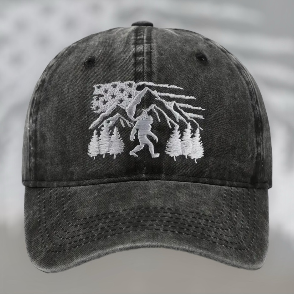 🆕 Unisex Retro Washed Baseball Cap Embroidered Sasquatch Bigfoot USA Flag - Picture 2 of 11